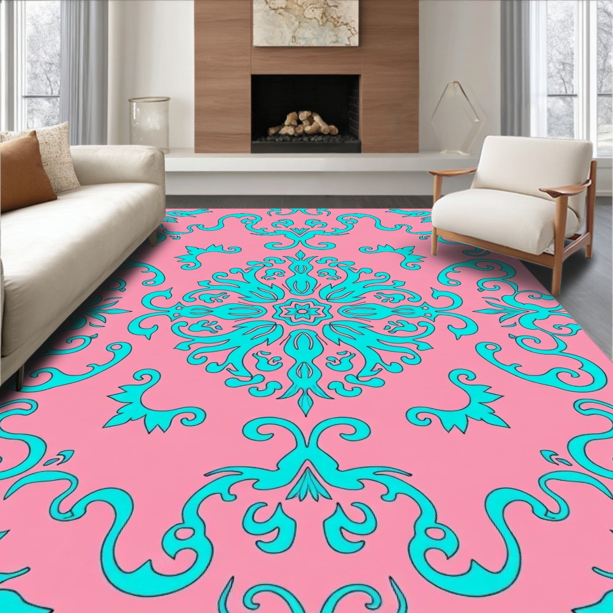 Pink Turquoise Floral Flourish Design Rug