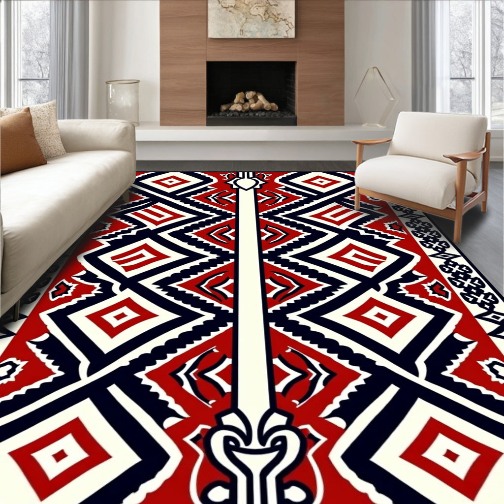 Bold Geometric Red Cream Fabric Design Rug