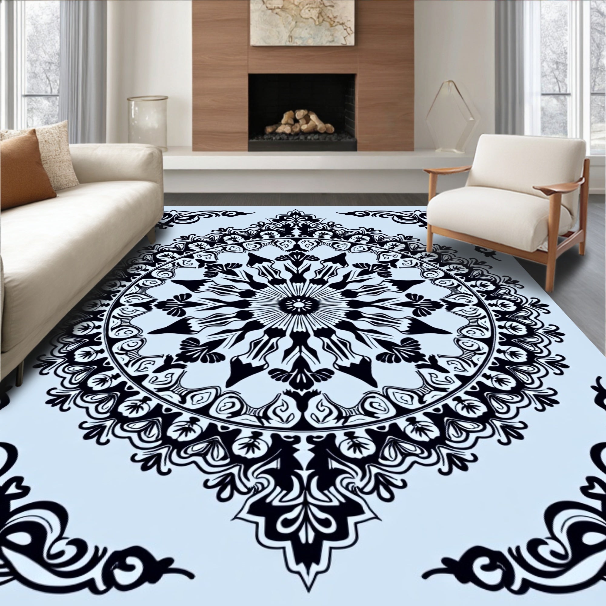 Ornate Black Floral Sunburst Mandala Rug