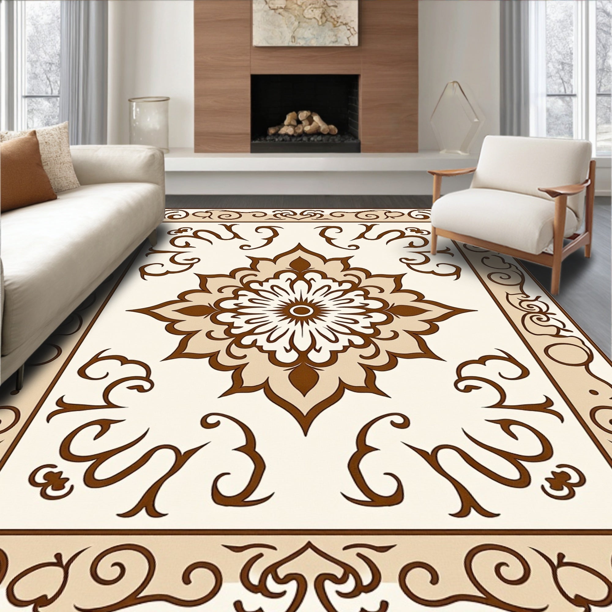 Brown Floral And Scrollwork Medallion Rug