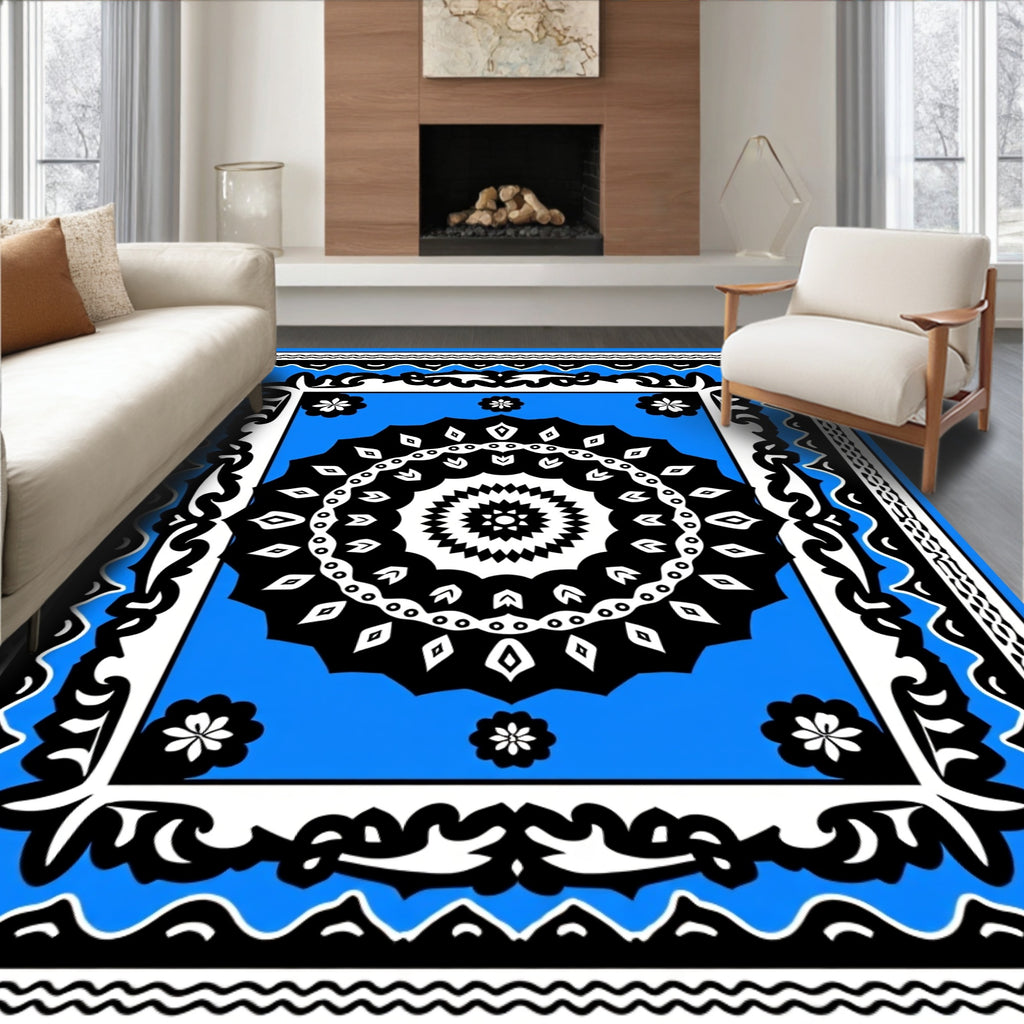 Bold Black White Floral Mandala Rug
