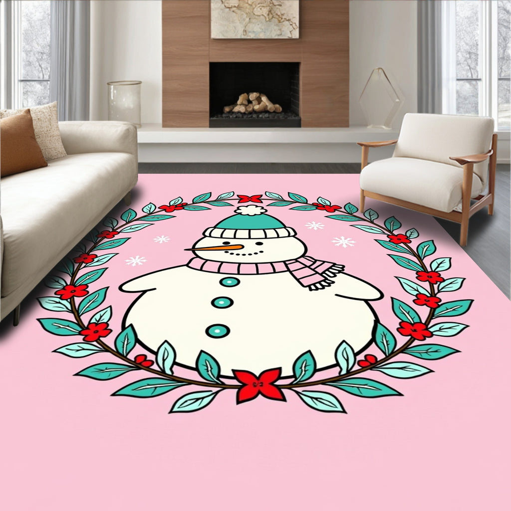 Whimsical Snowman Wreath Pink Background Rug