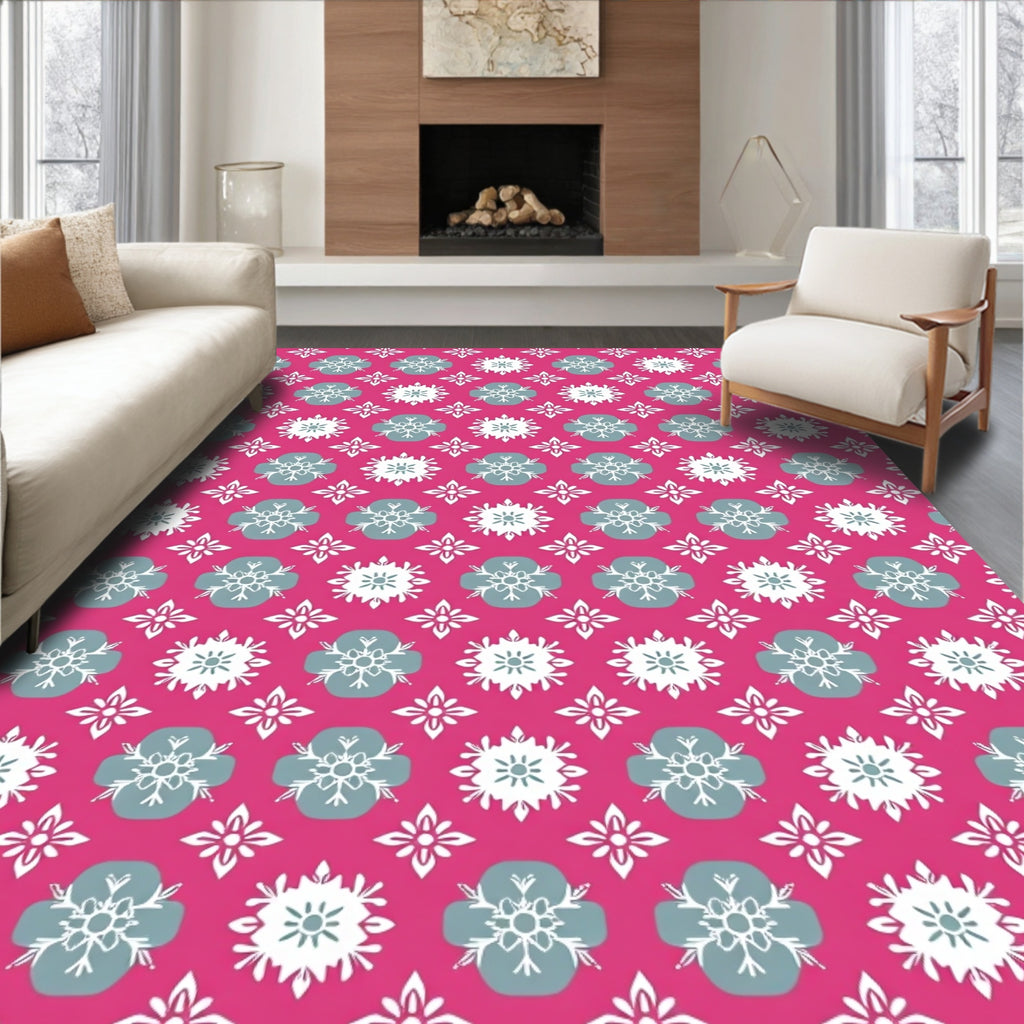 Fuchsia White Gray Floral Tiling Rug