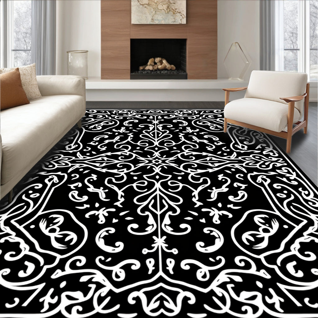 Intricate Black White Floral Design Rug