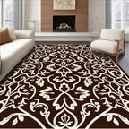 Ornate Brown Cream Leafy Scrollwork Rug