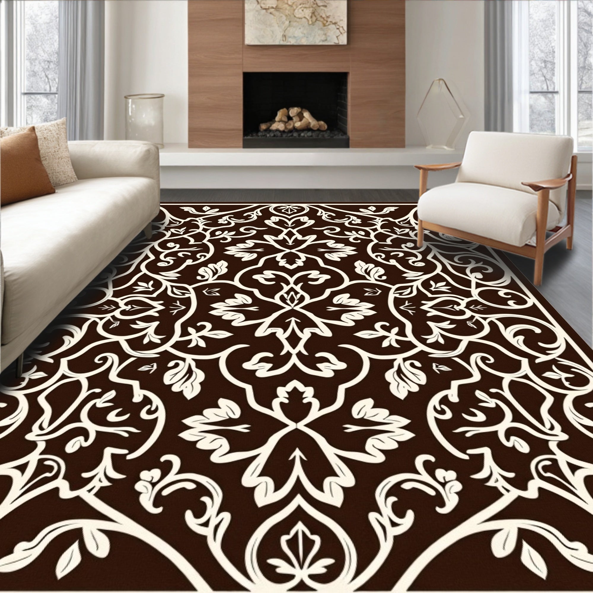 Ornate Brown Cream Leafy Scrollwork Rug