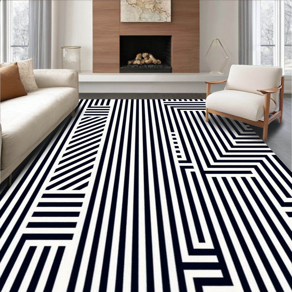 Modern Black White Geometric Stripe Rug
