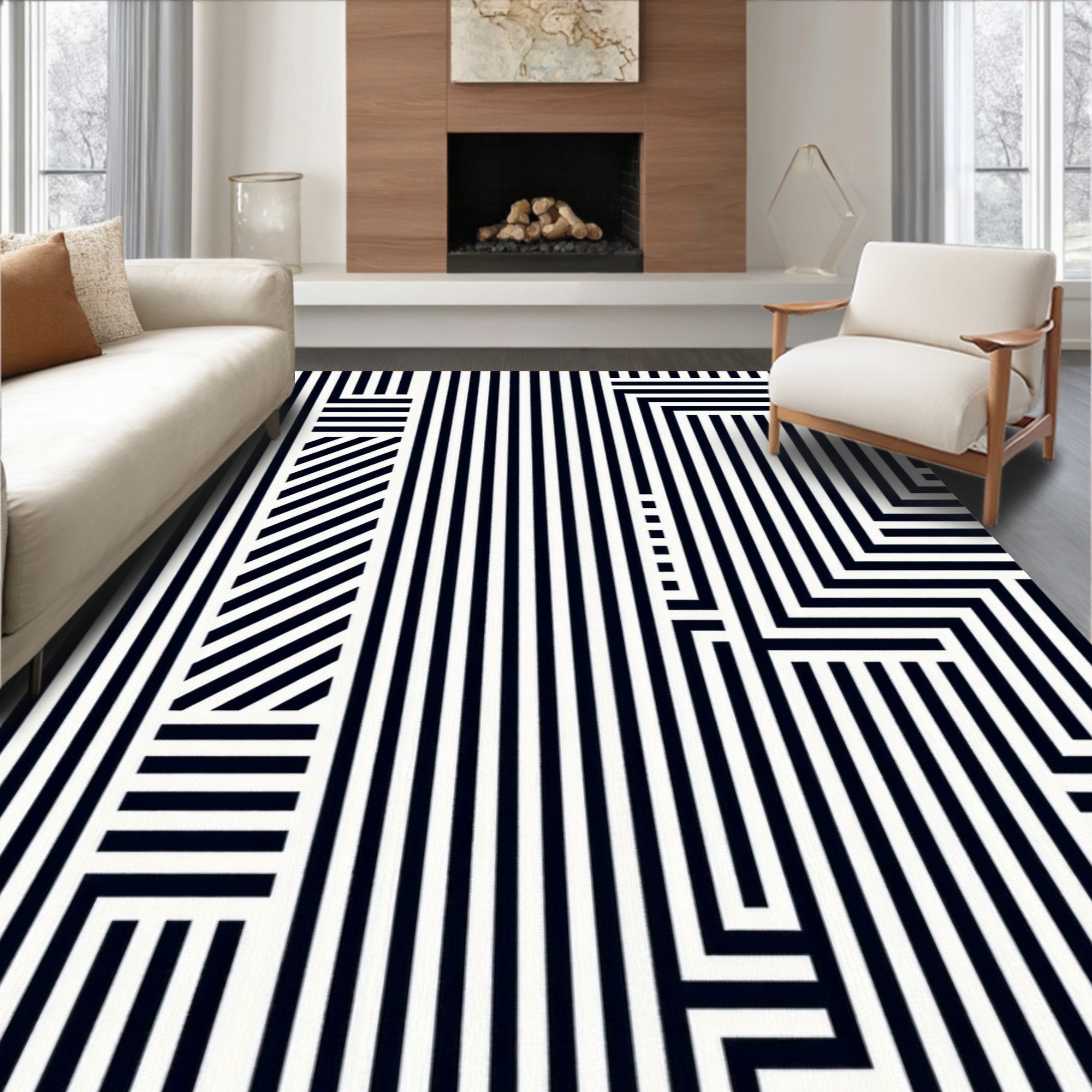 Modern Black White Geometric Stripe Rug