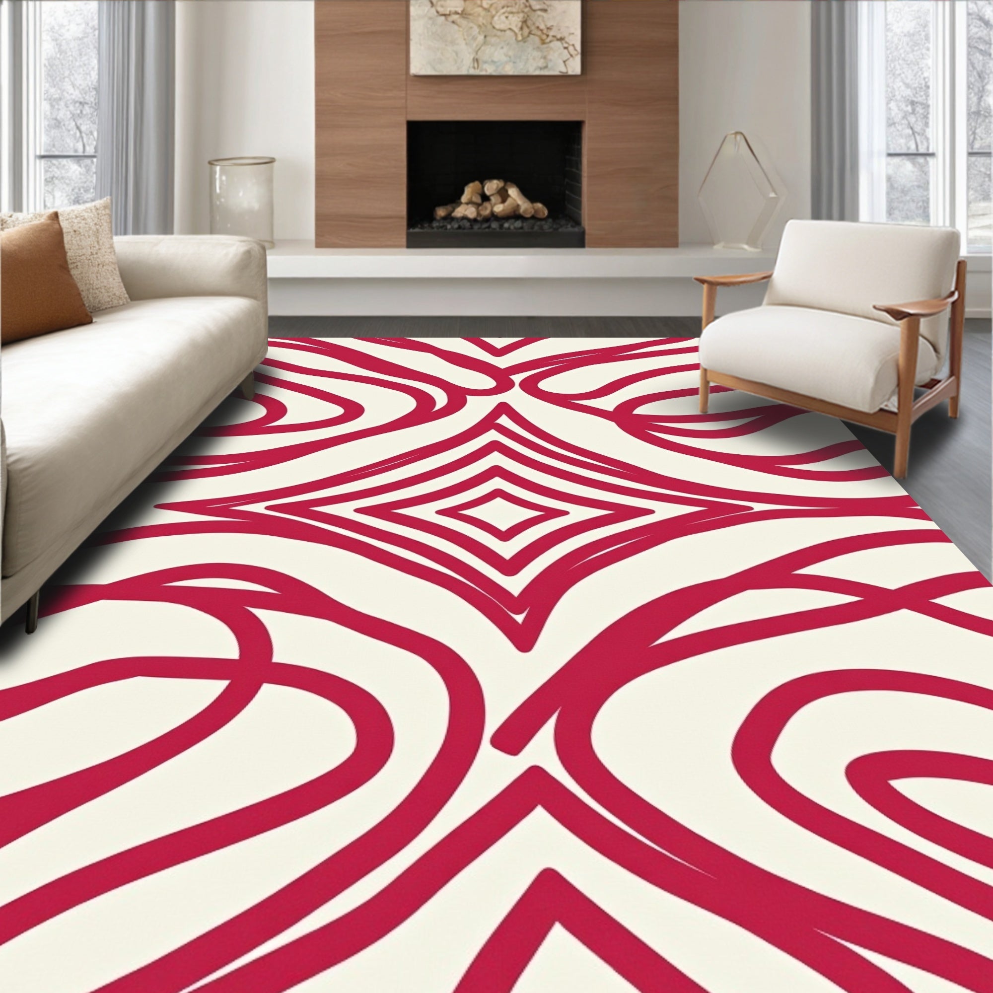 Modern Red Swirls Rhombus Pattern Rug