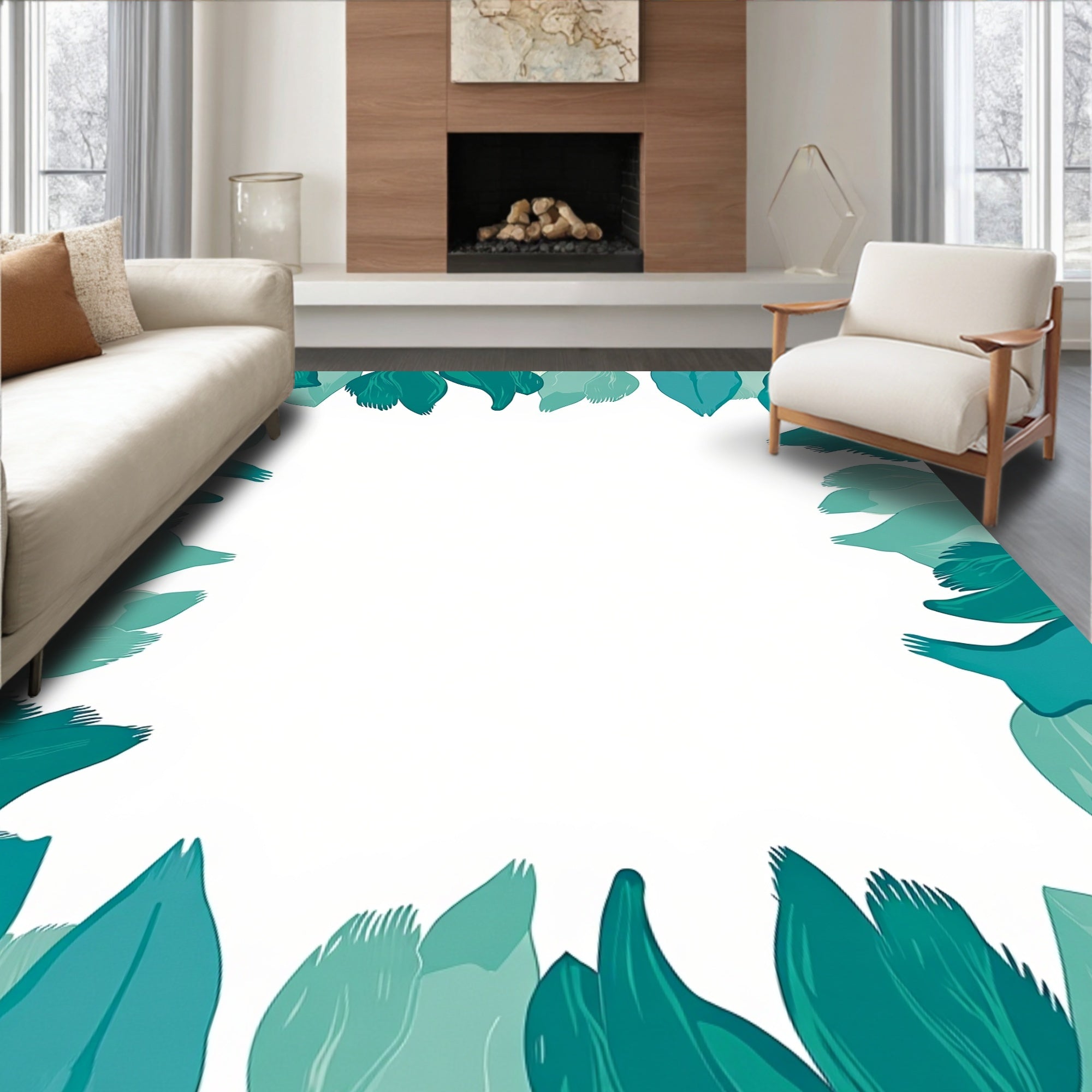 Teal Leafy Abstract Border Design Rug