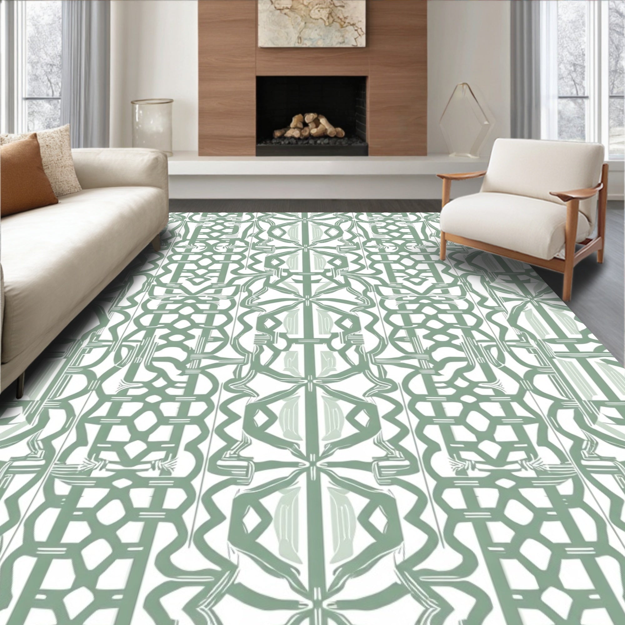 Art Deco Green Geometric Pattern Rug