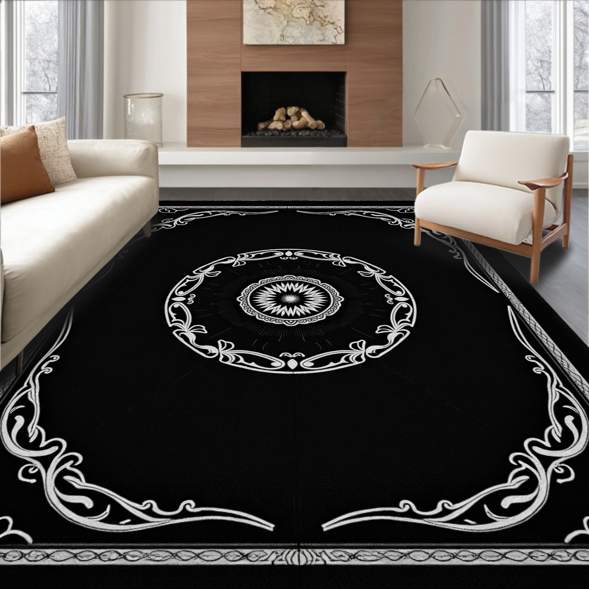 Black White Ornate Mandala Design Rug