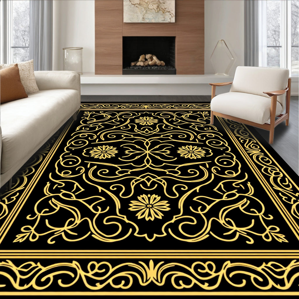 Elaborate Golden Floral Filigree Design Rug