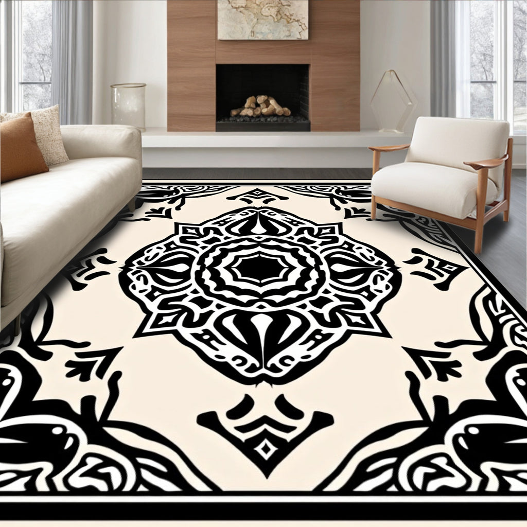 Elegant Black White Mandala Pattern Rug