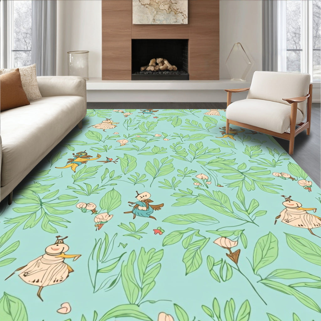 Whimsical Teal Leaf and Figure Design Rug