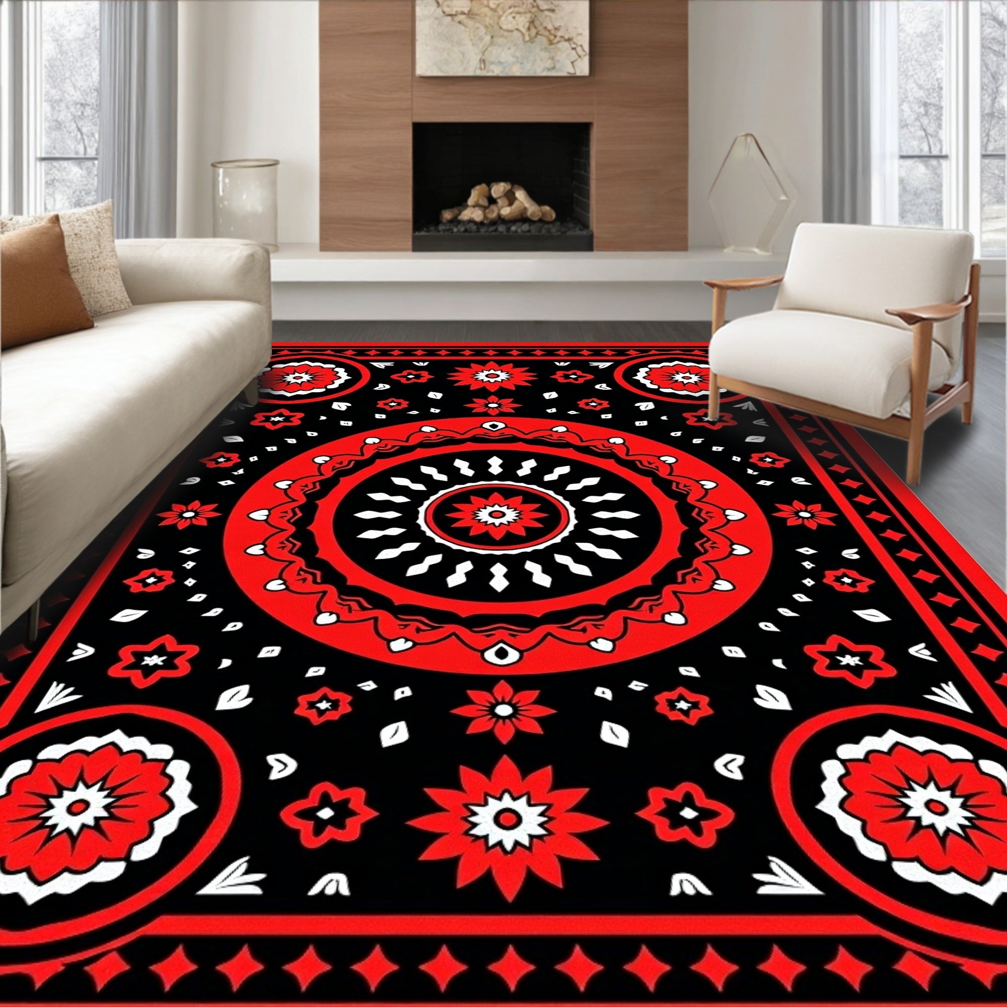 Bold Red Floral Mandala Pattern Rug