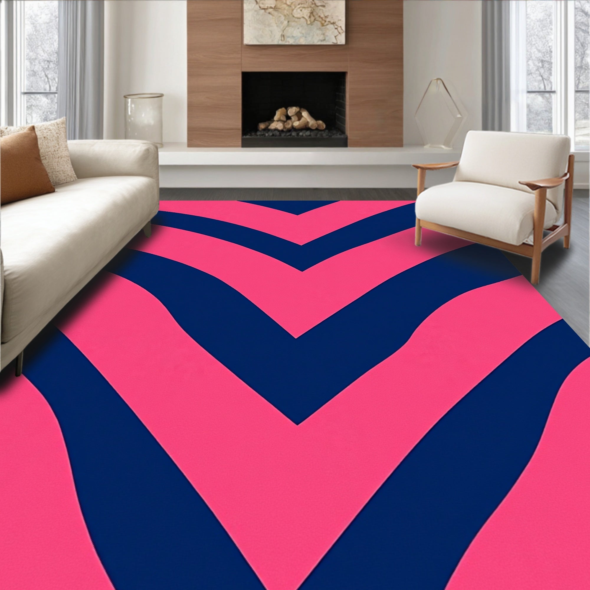 Bold Pink Navy Chevron Pattern Rug