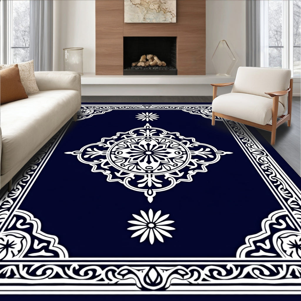 Ornate White Floral Geometric Design Rug