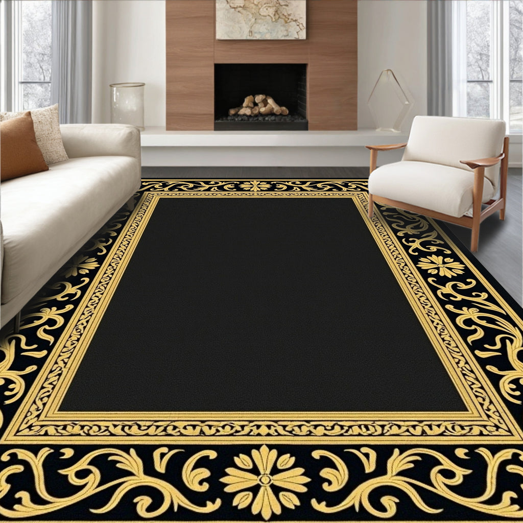 Elegant Black Gold Floral Frame Rug