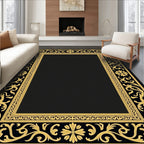 Elegant Black Gold Floral Frame Rug