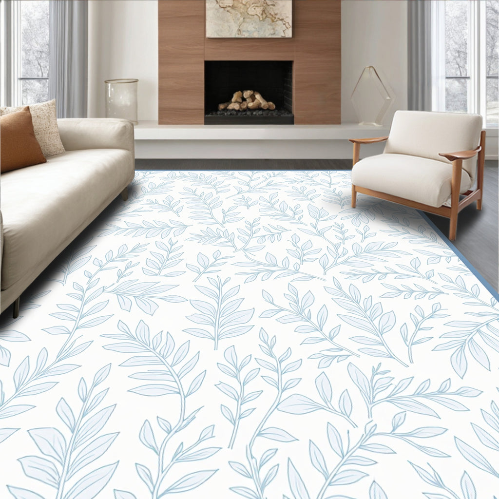 Pale Blue Botanical Branch Pattern Rug