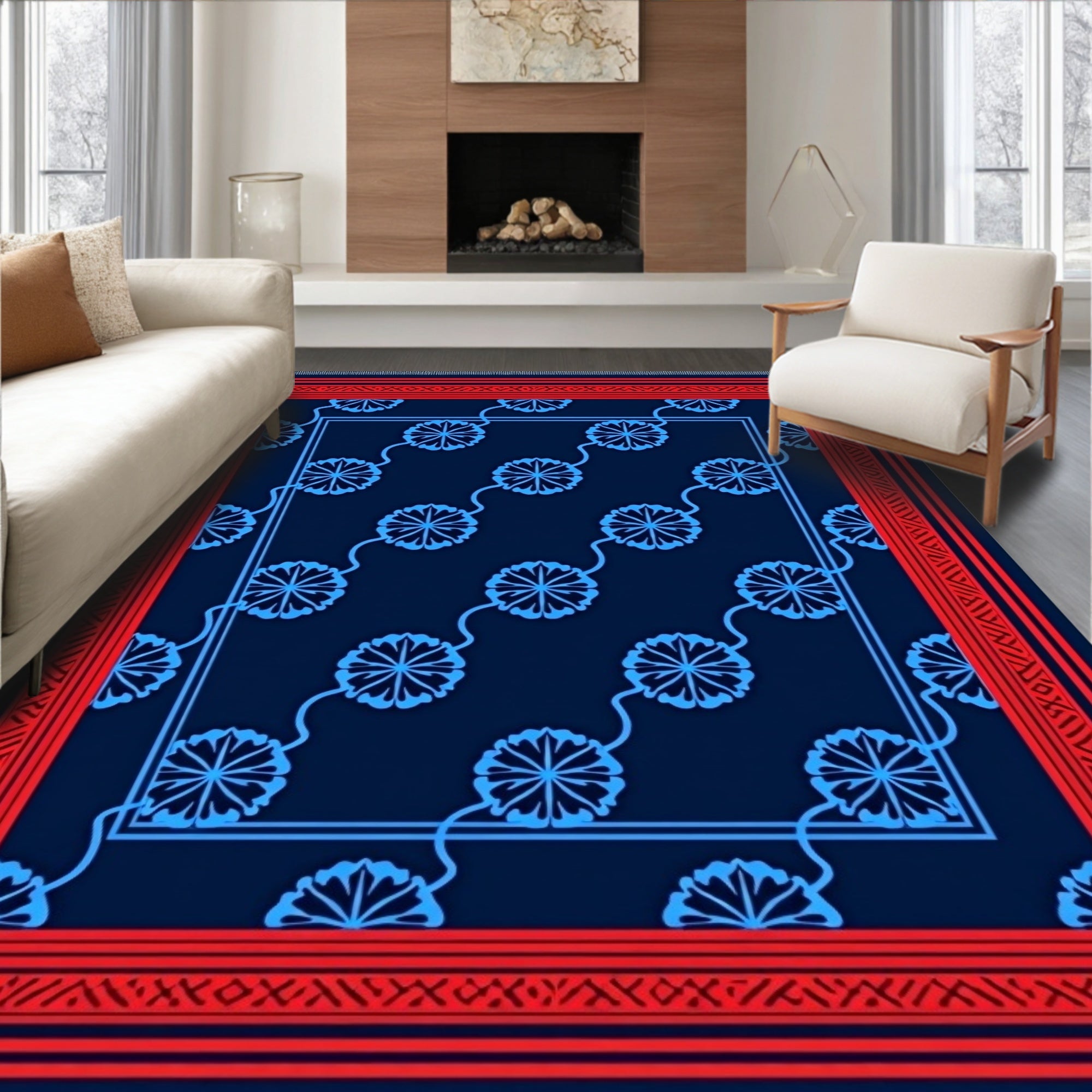 Red Blue Floral Stripe Pattern Rug