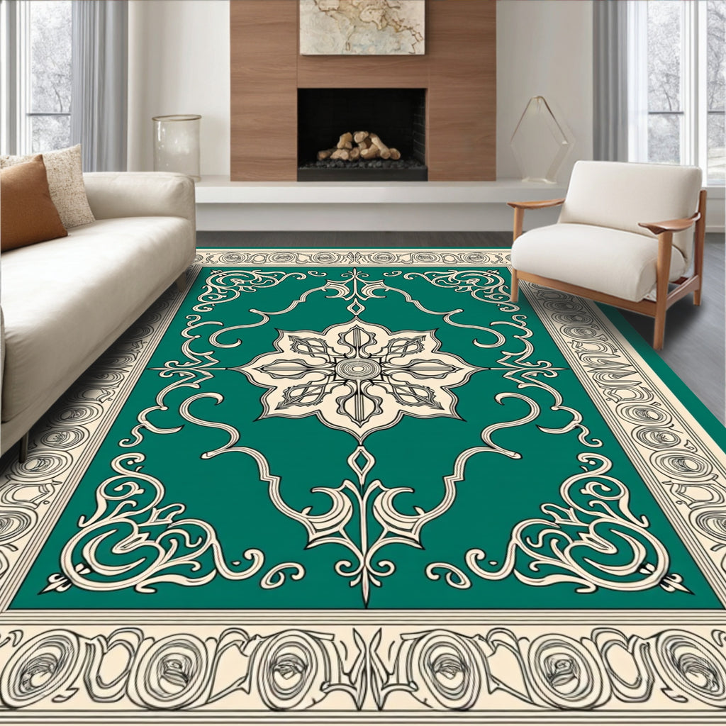 Elegant Teal Floral And Scrollwork Pattern Rug