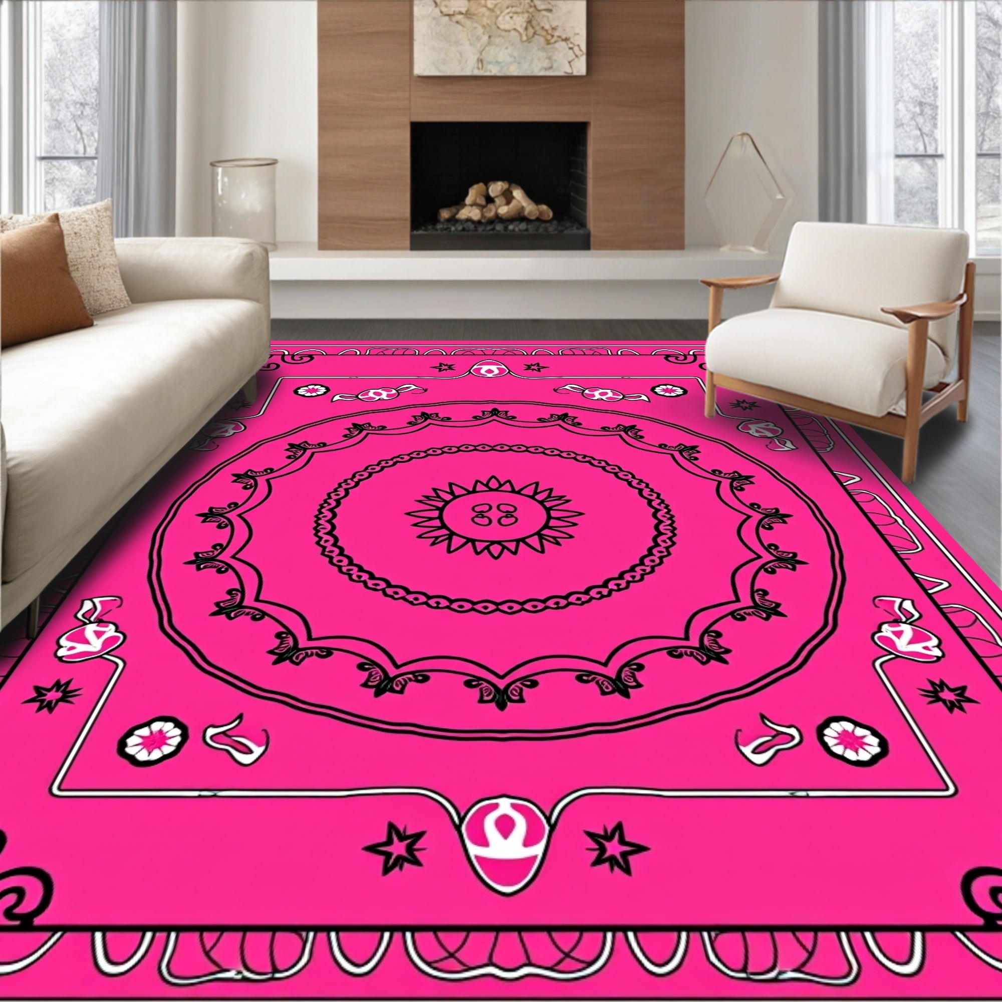 Bold Pink Sunburst Mandala Design Rug