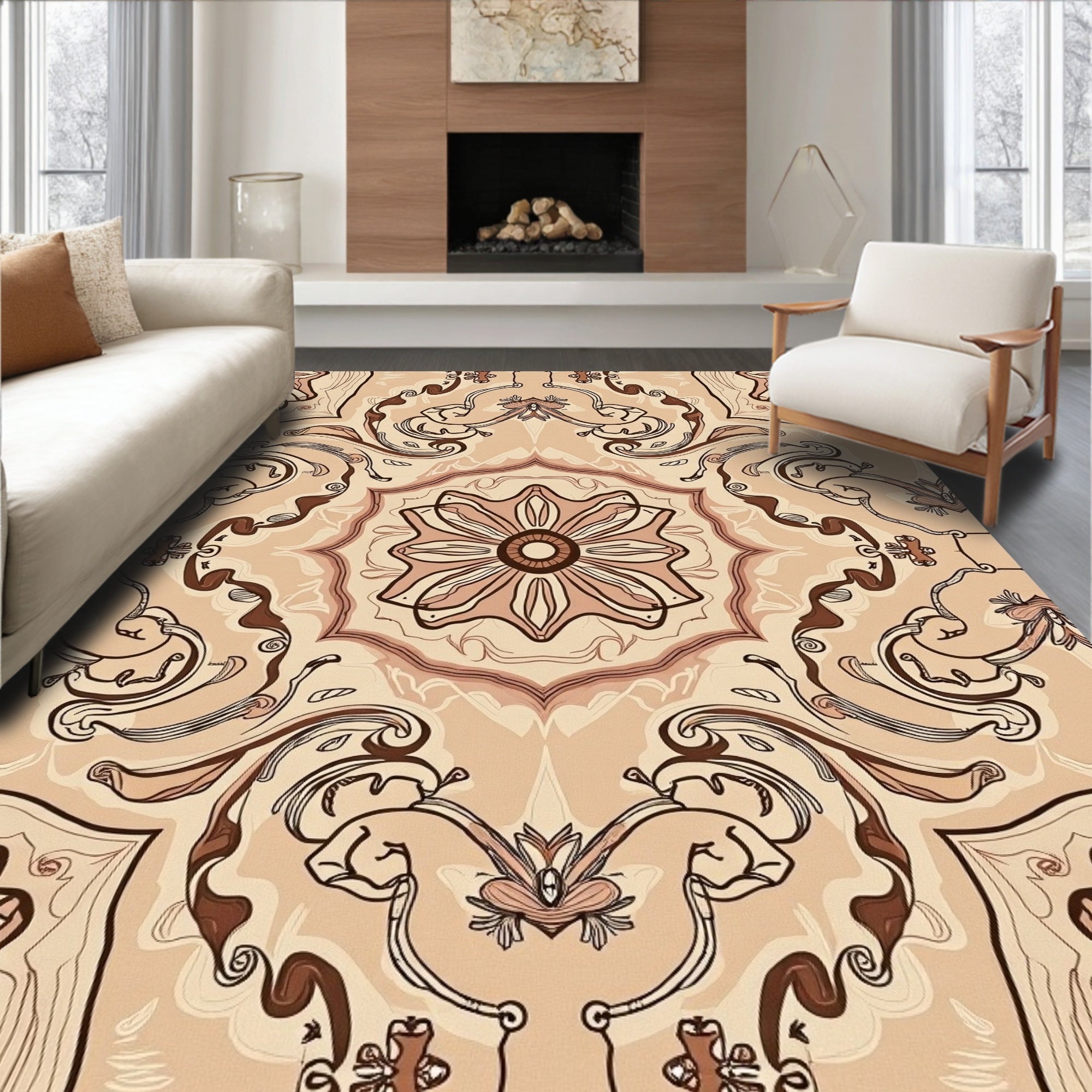Sepia Floral Scrollwork Pattern Rug