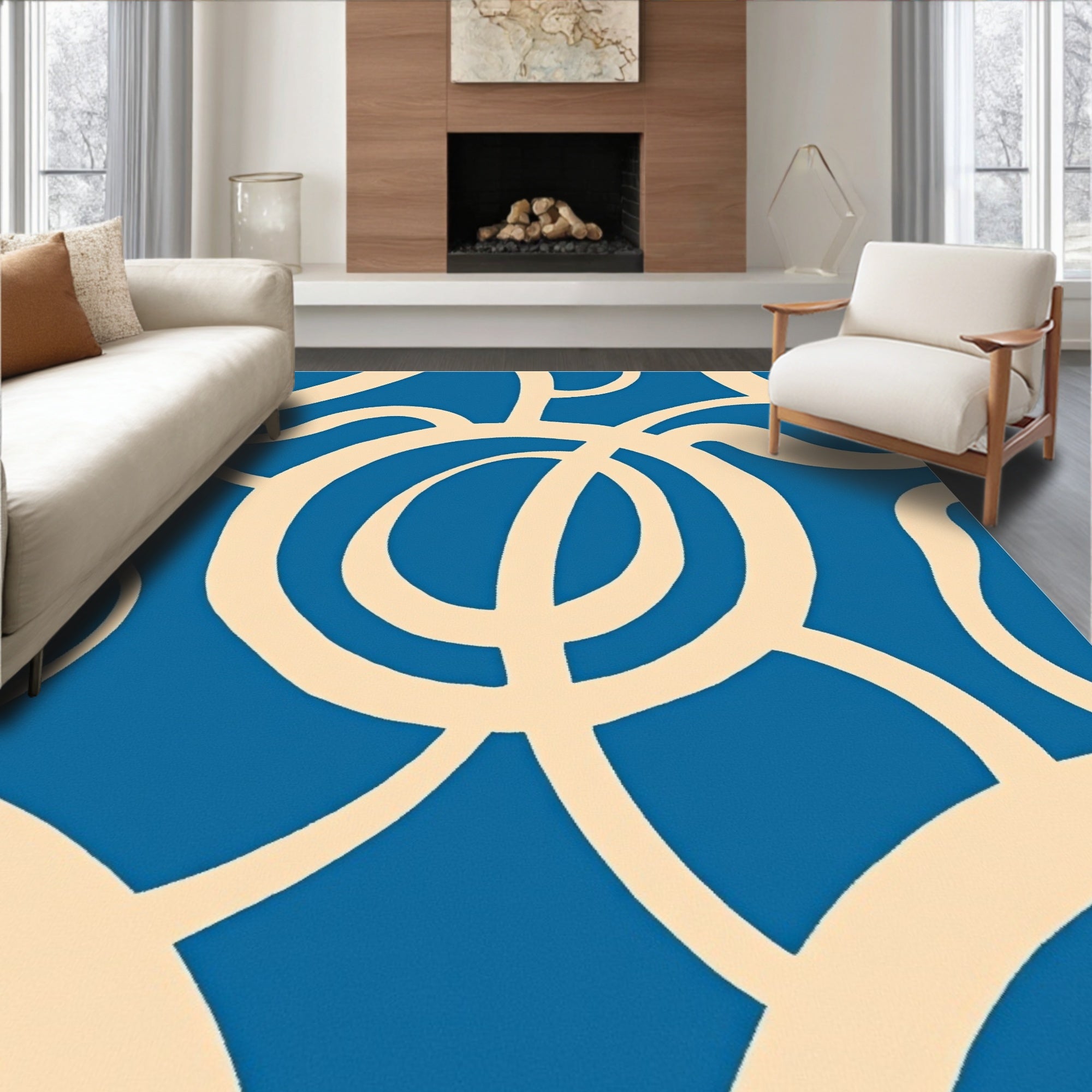 Abstract Cream Swirls on Blue Rug