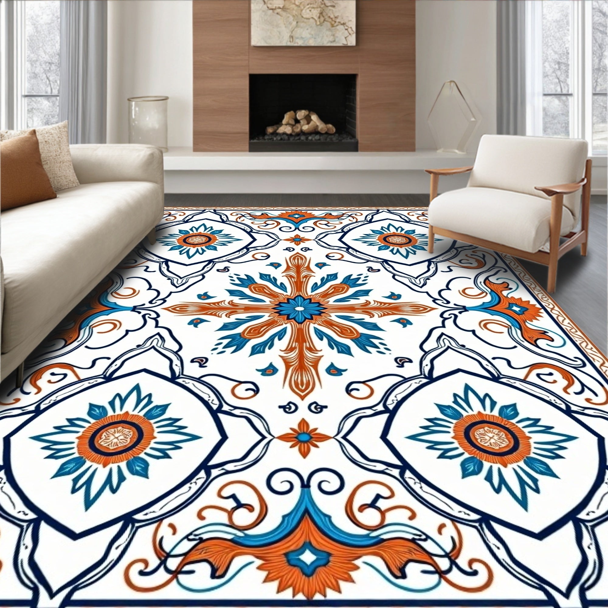 Orange Blue Floral Mandala Design Rug