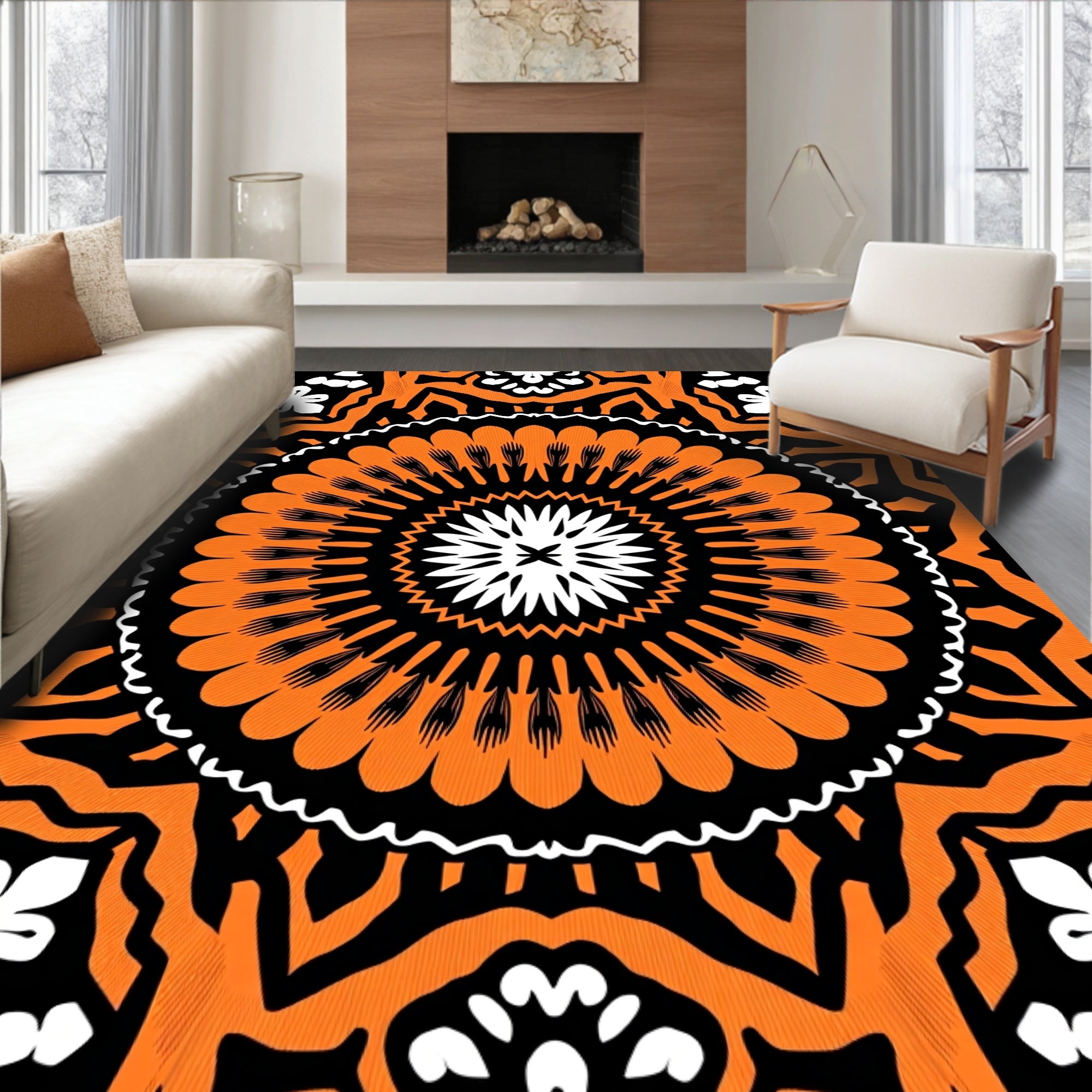 Orange Black White Mandala Pattern Rug
