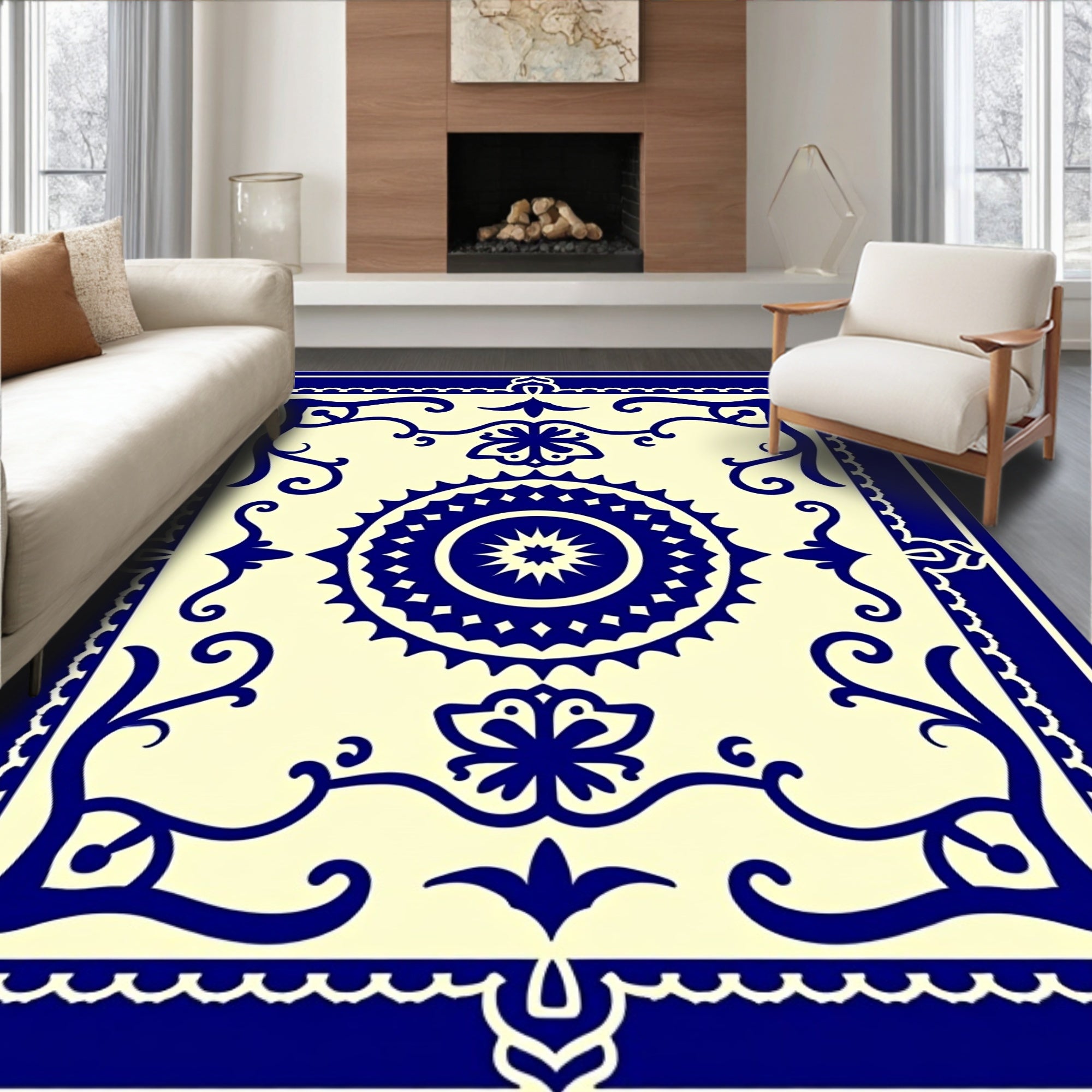 Classic Navy Blue Floral Medallion Rug