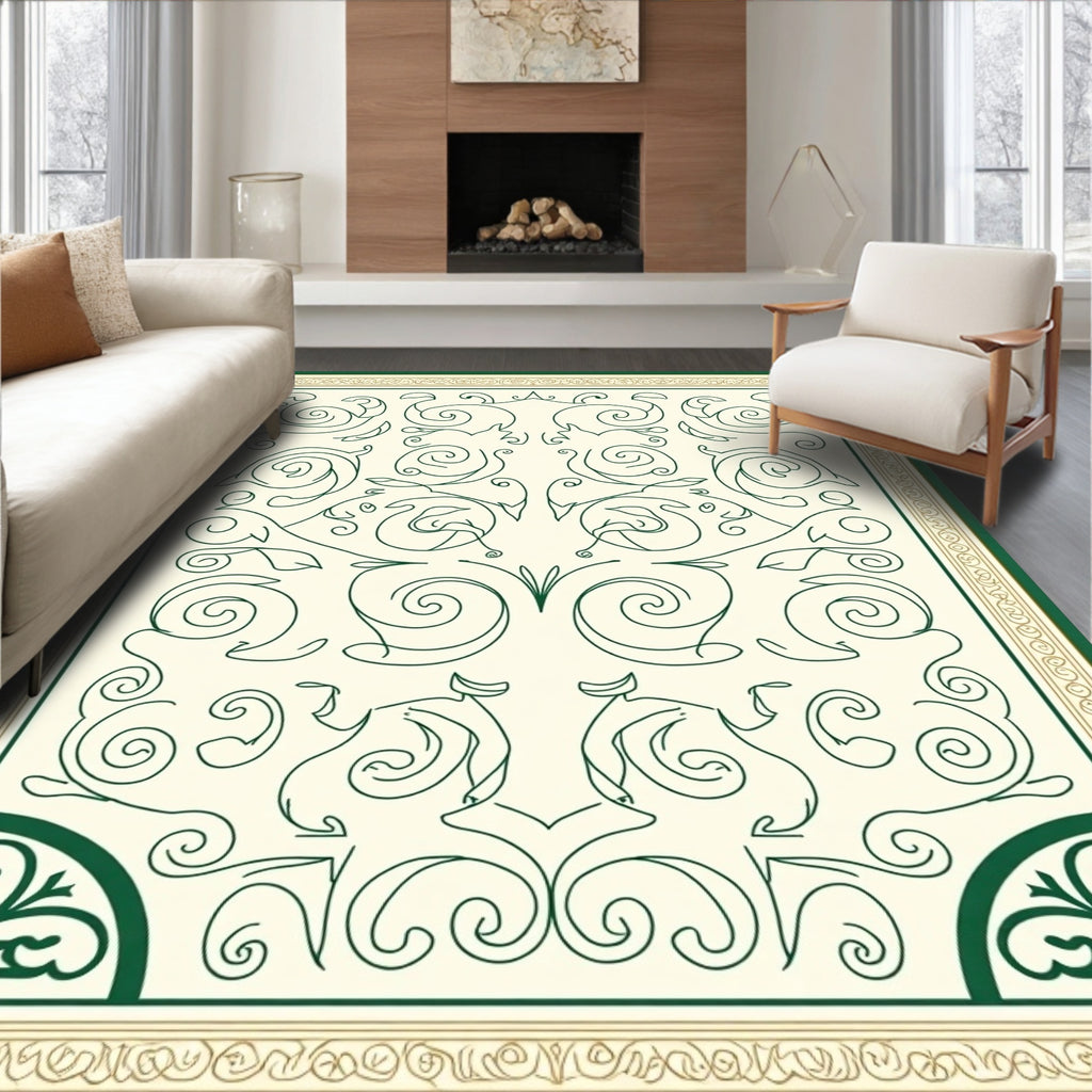 Traditional Green Swirl Floral Design Rug