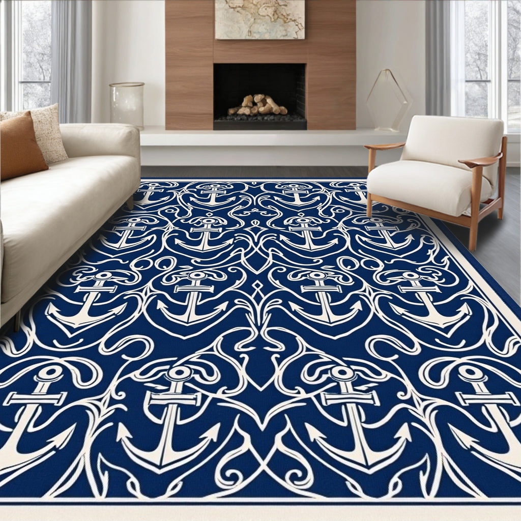 Navy Blue Anchor Scroll Pattern Design Rug