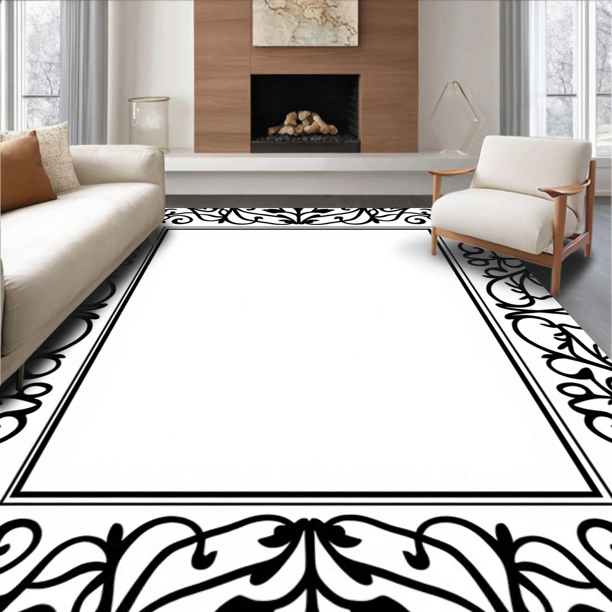 Black Vintage Floral Scroll Border Rug