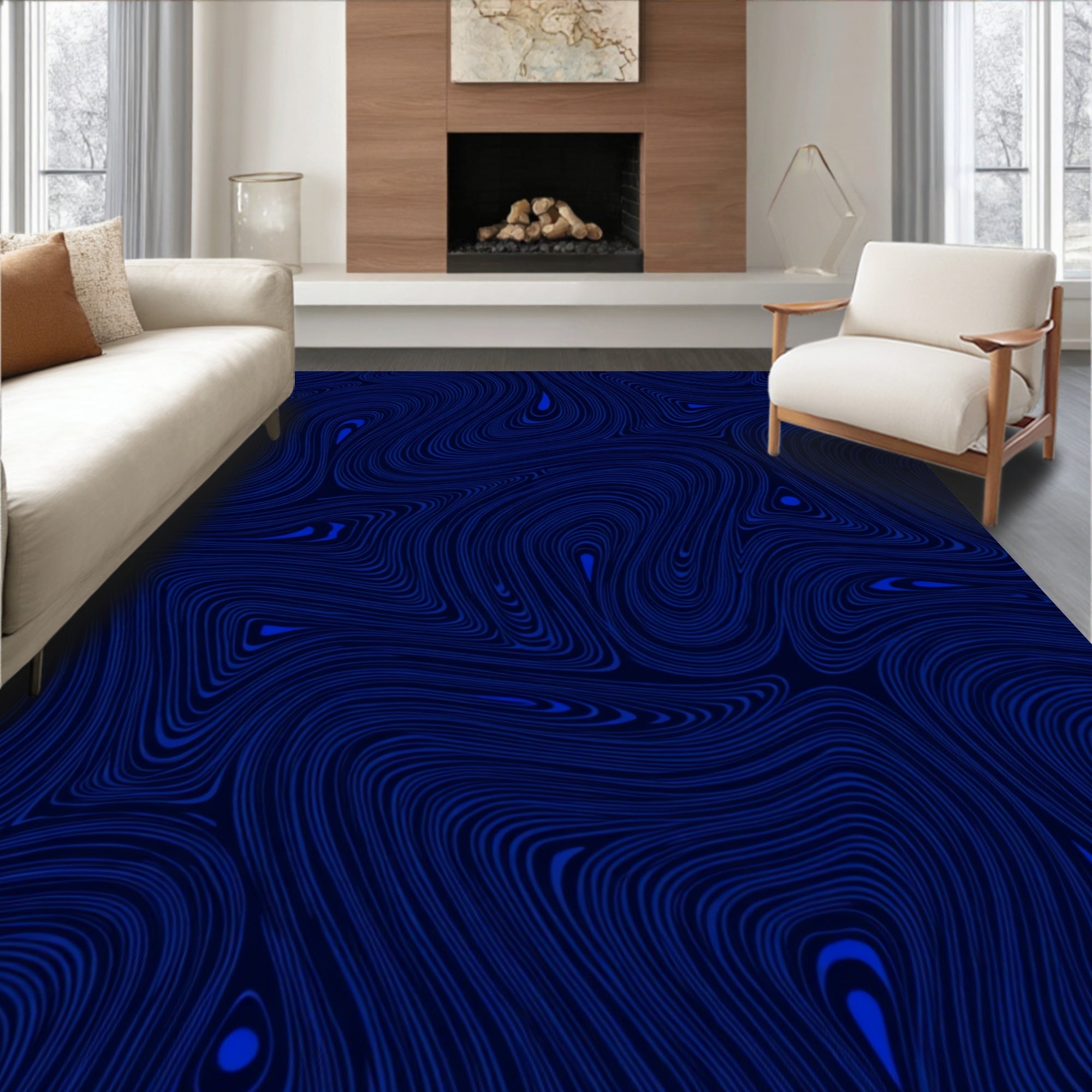 Deep Blue Abstract Swirl Pattern Rug