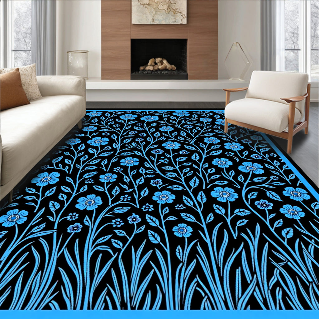 Bold Blue Floral Botanical Statement Rug