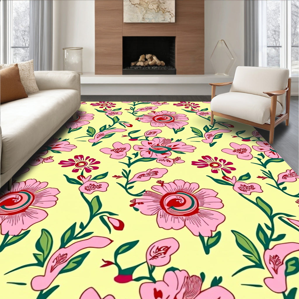 Delicate Pink Floral Garden Pattern Rug