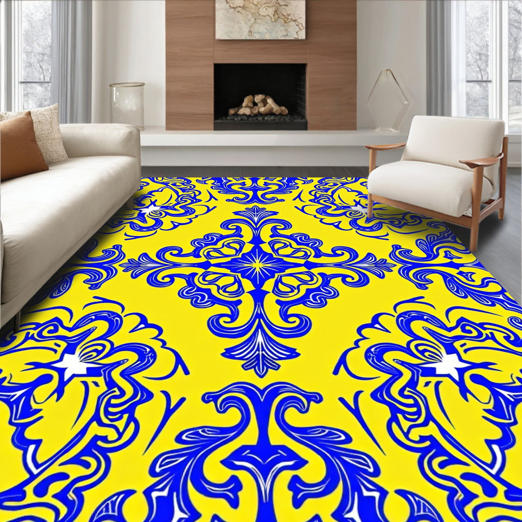 Ornate Royal Blue Floral Pattern Rug