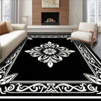 Ornate Floral Border Black White Rug