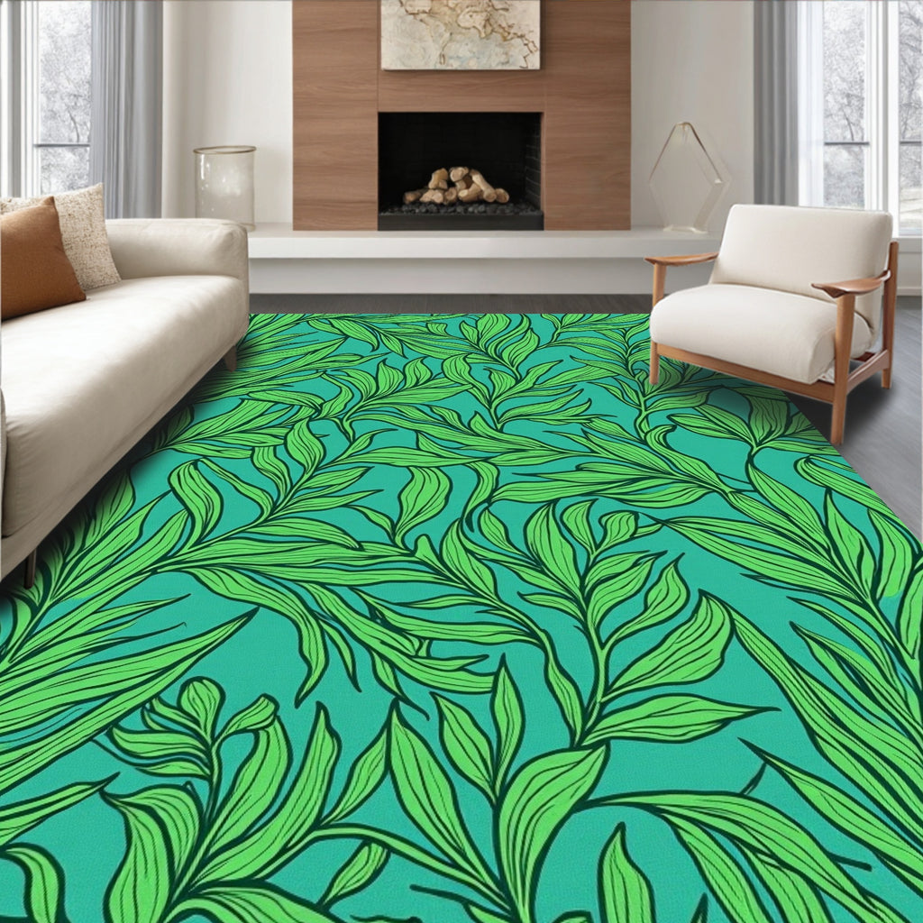 Tropical Green Leaf Pattern Rug