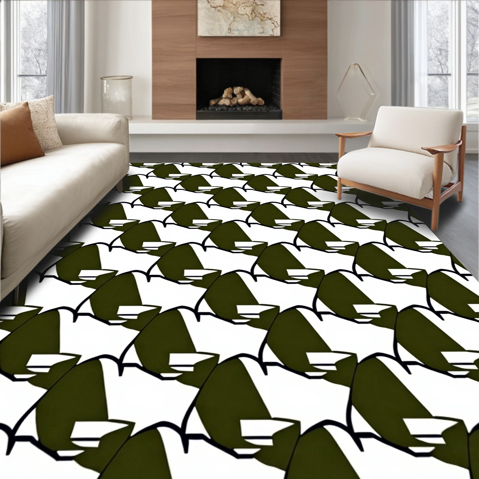 Abstract Dark Green Wave Pattern Rug