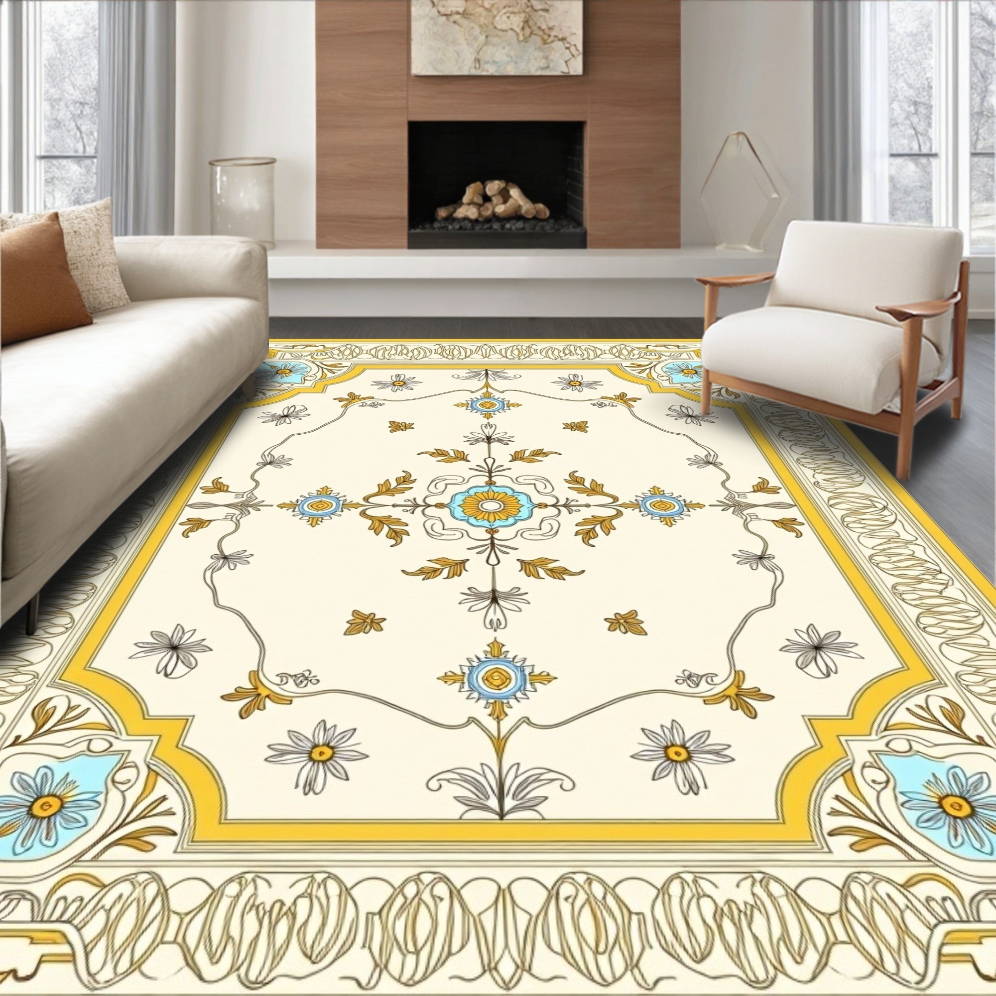Ornate Floral Design With Yellow Border Rug