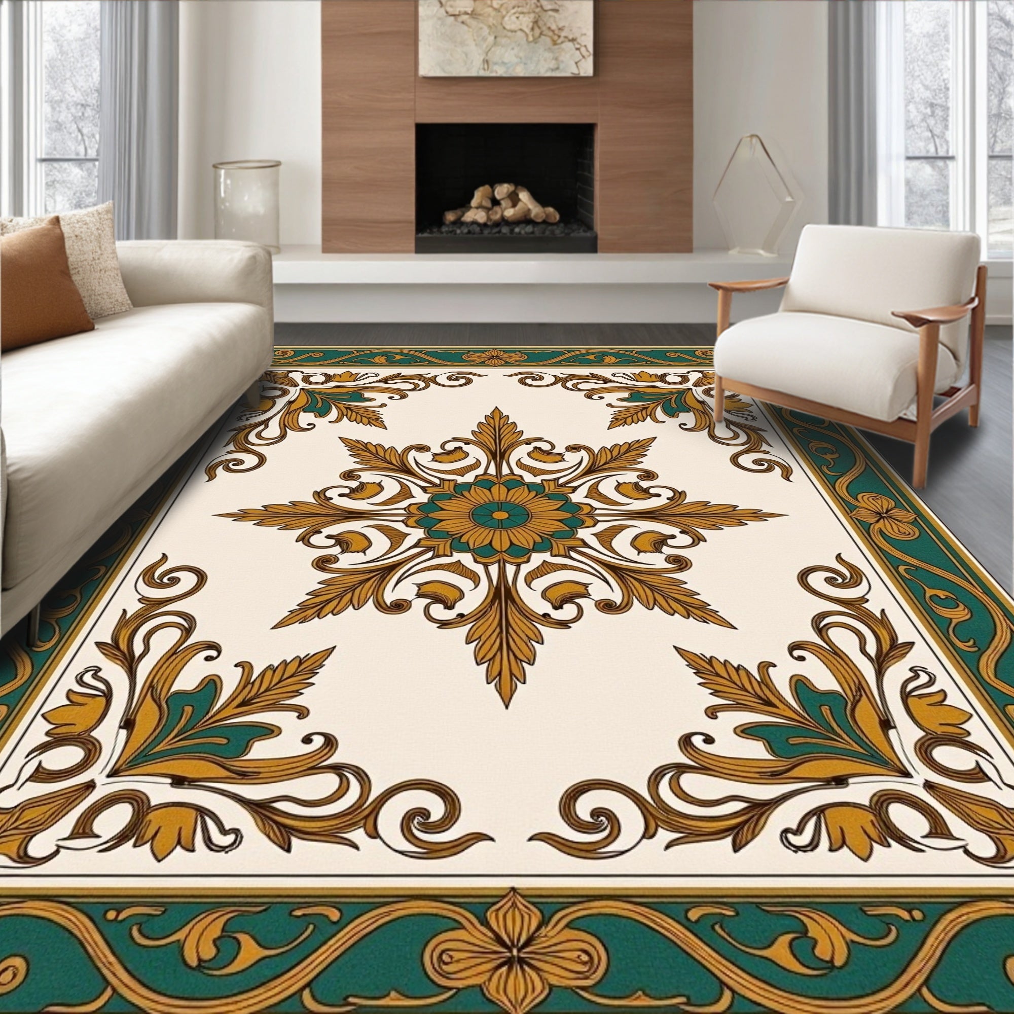 Ornate Floral Border Design Rug