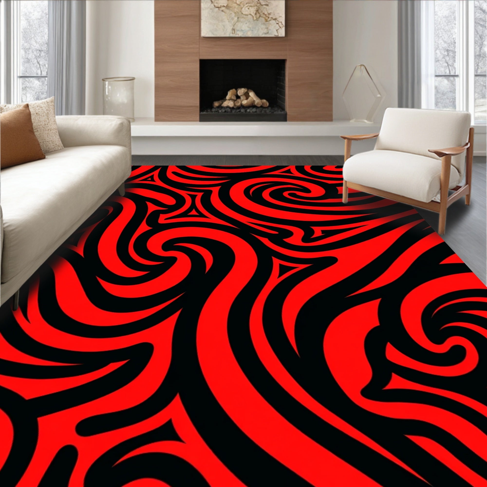 Bold Red Black Swirl Pattern Rug