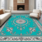 Ornate Teal Grey Floral Medallion Rug