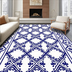 Classic Blue White Diamond Scroll Pattern Rug