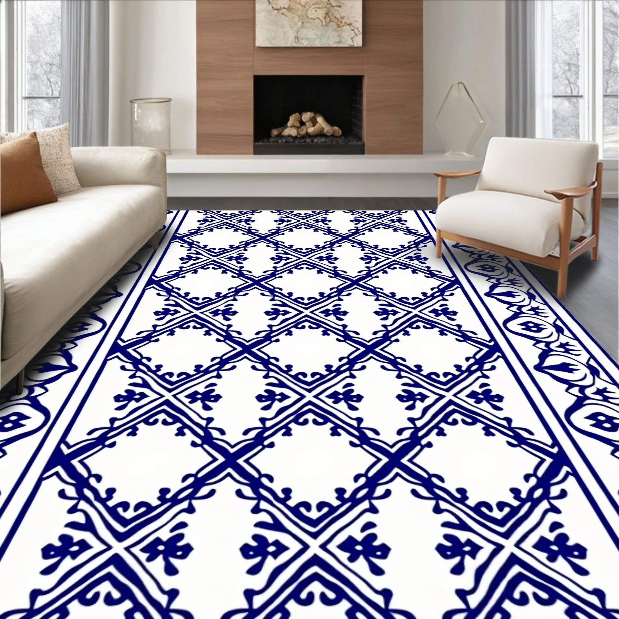 Classic Blue White Diamond Scroll Pattern Rug