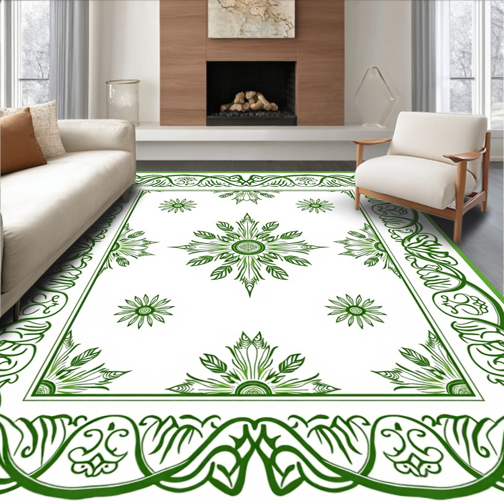 Elegant Green Floral Scrollwork Design Rug
